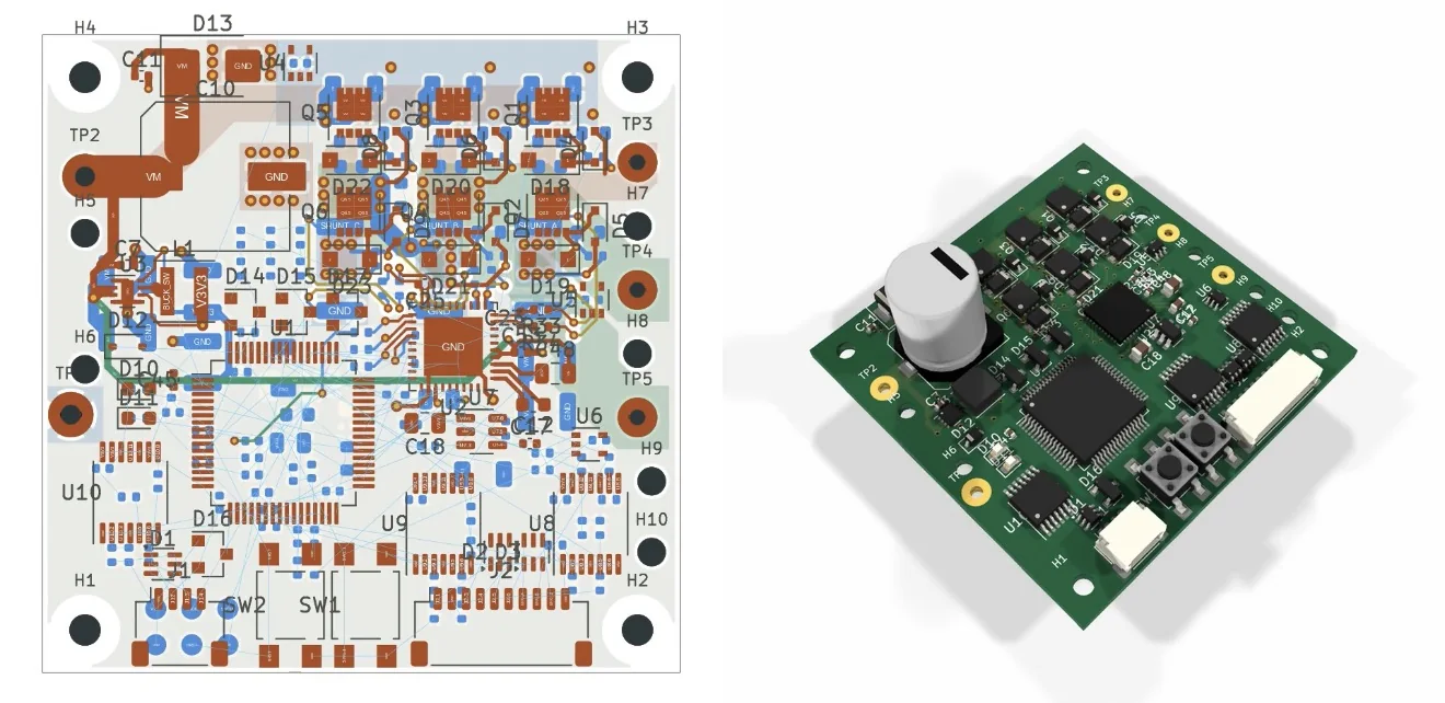Capture du routage d'un circuit imprimé dans KiCad : plan de placement des composants et des pistes de cuivre à gauche, rendu 3D de la carte assemblée à droite.