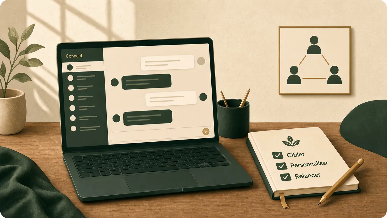 Connexion LinkedIn, messages et checklist Cibler · Personnaliser · Relancer